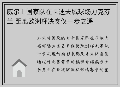 威尔士国家队在卡迪夫城球场力克芬兰 距离欧洲杯决赛仅一步之遥